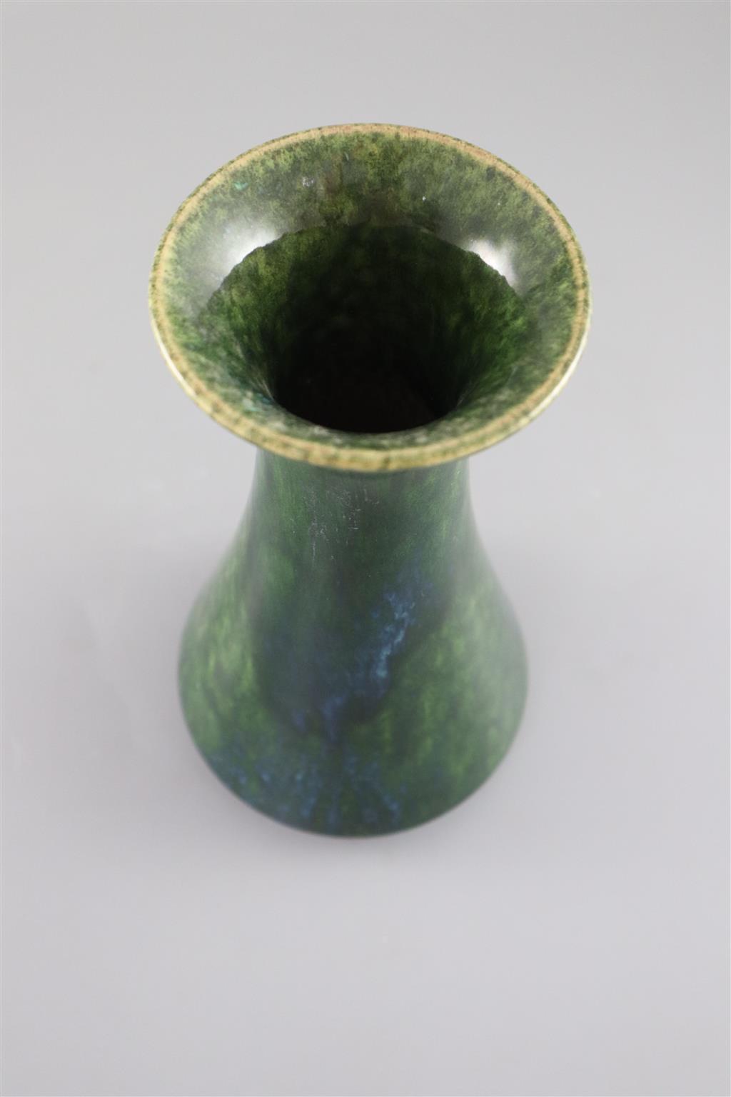 A Ruskin leadless crystalline glaze baluster shape vase, dated 1911, MEASUREMENT